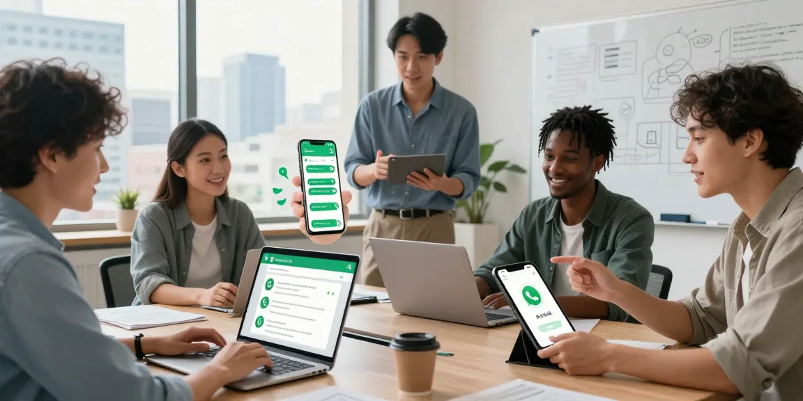 Group discussing WhatsApp下載 process in a modern workspace with devices and urban view.