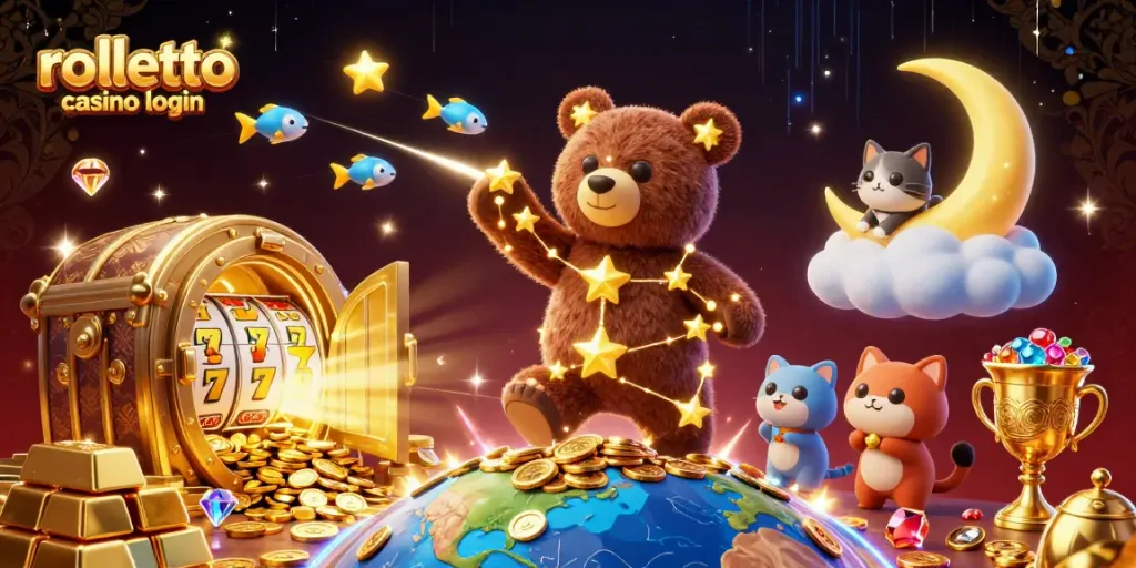 Engage with rolletto casino login through an enchanting 3D scene featuring a constellation bear and treasure.
