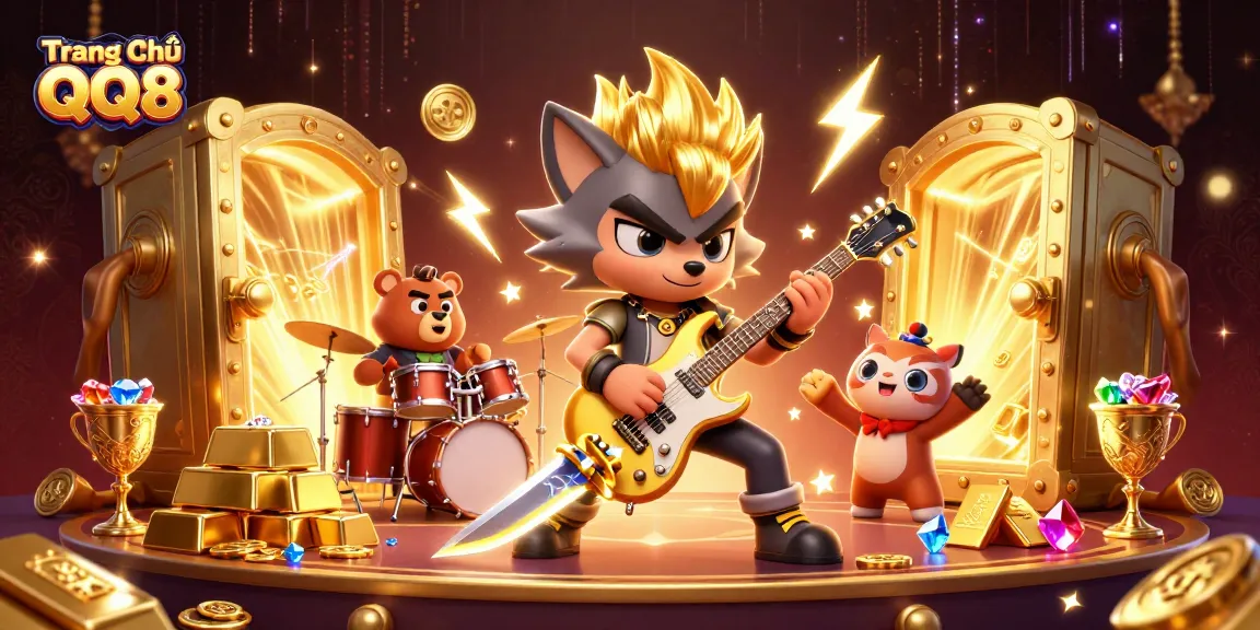 Experience the vibrant energy of Trang Chủ QQ8 with a rock star wolf on a golden stage, bursts of treasure everywhere.
