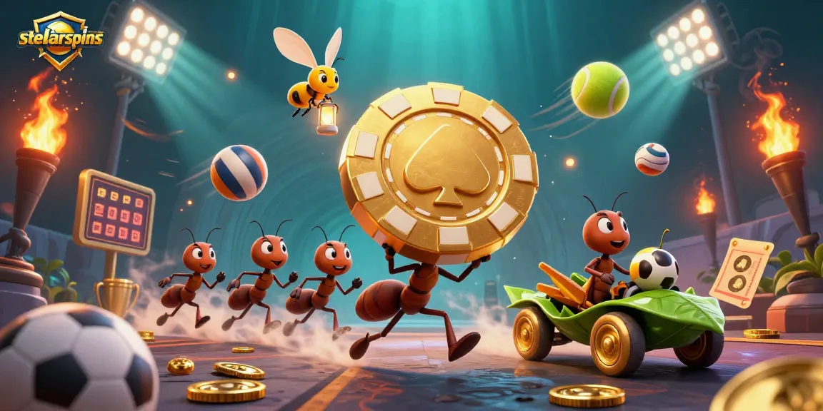 Engage in stellarspins excitement with a dynamic heist scene featuring ants, sports elements, and colorful visuals.