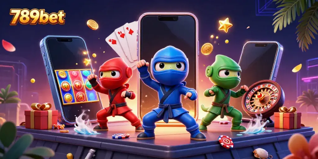 Engage with 789bet in this vibrant 3D illustration featuring chameleons and gaming elements like slots and poker chips.
