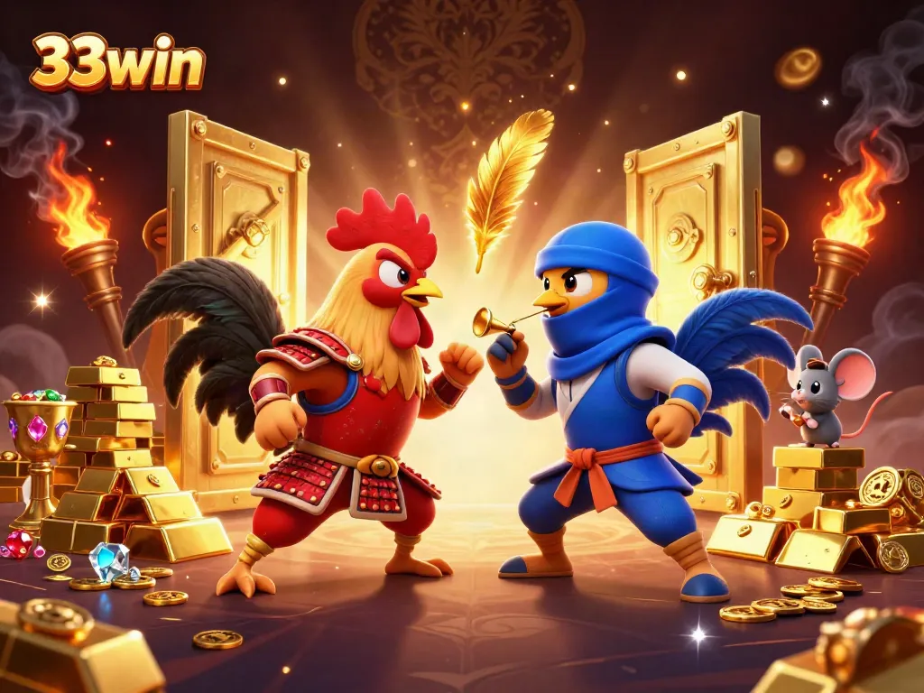 Engage with thrilling cockfighting action at 33win featuring dynamic rooster duel and golden treasures.