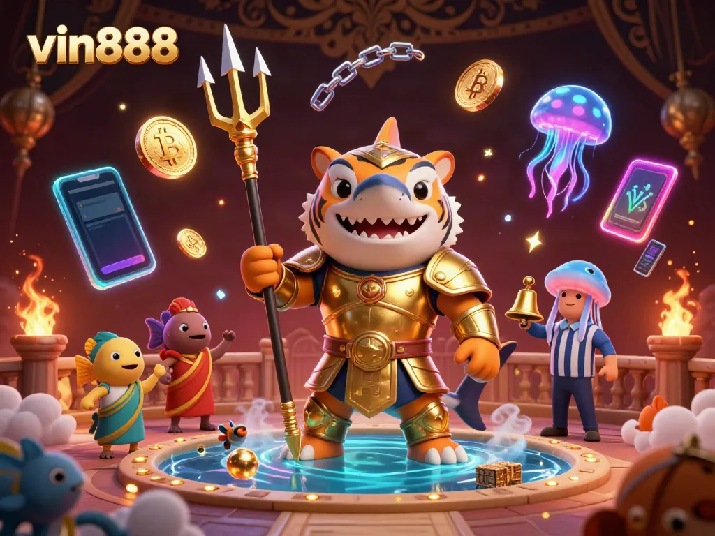 Join the excitement of vin888 with a golden shark gladiator facing a cheering crowd in a dynamic casino scene.