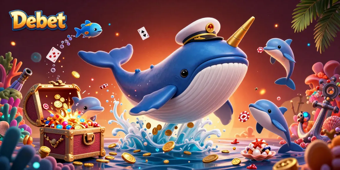 Dive into Debet's vibrant world with a cartoon whale, narwhal, and dolphin amid coins and gaming elements.