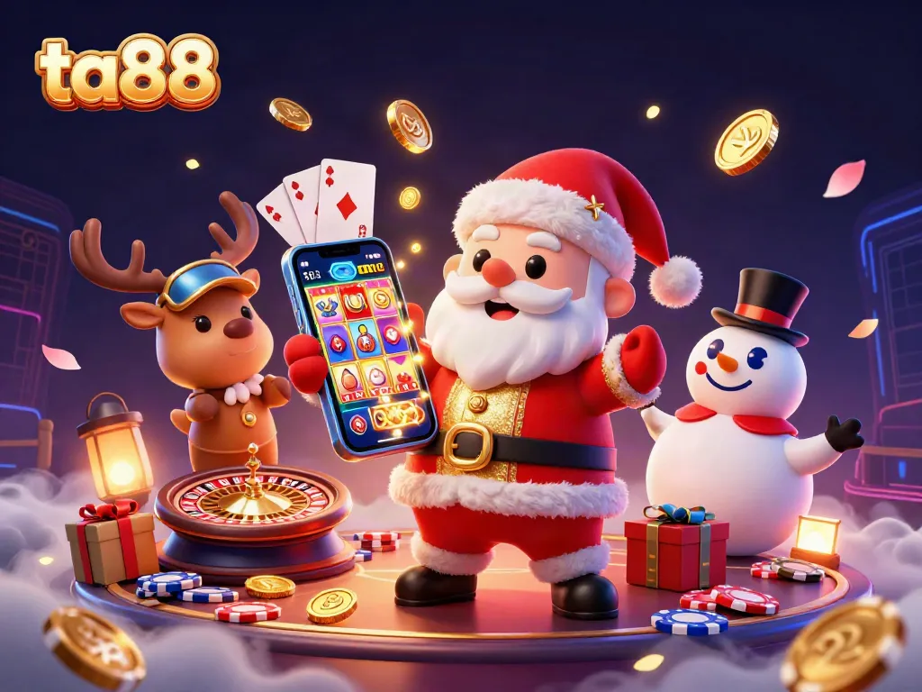 Experience gaming thrills with ta88 as Santa, a reindeer dealer, and a chip-top hat snowman celebrate jackpots.