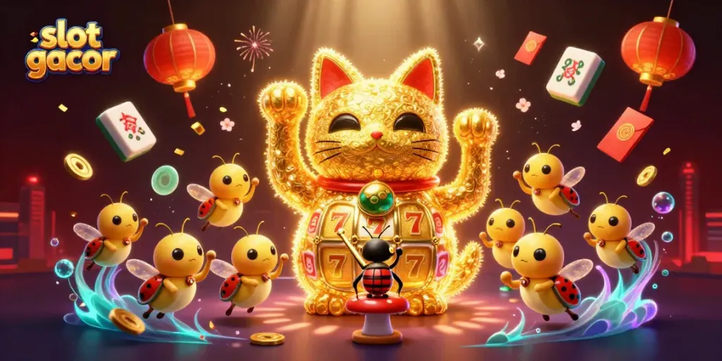 Experience the thrill of slot gacor with vibrant casino symbols and a lucky cat.