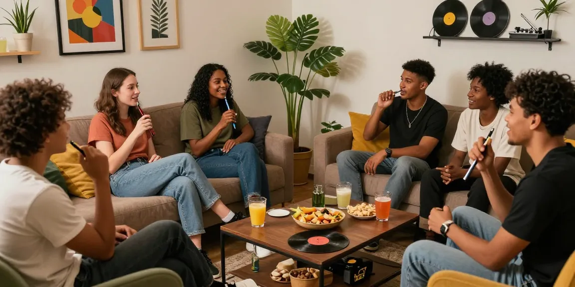 Friends using weed pens in a cozy urban living room, enjoying a warm gathering.