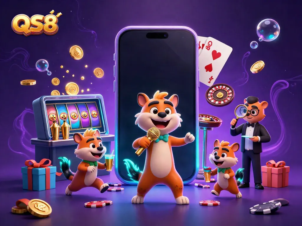 Hyenas in QS88 casino enjoying comedy, drinks, and verification amidst lively gaming elements.