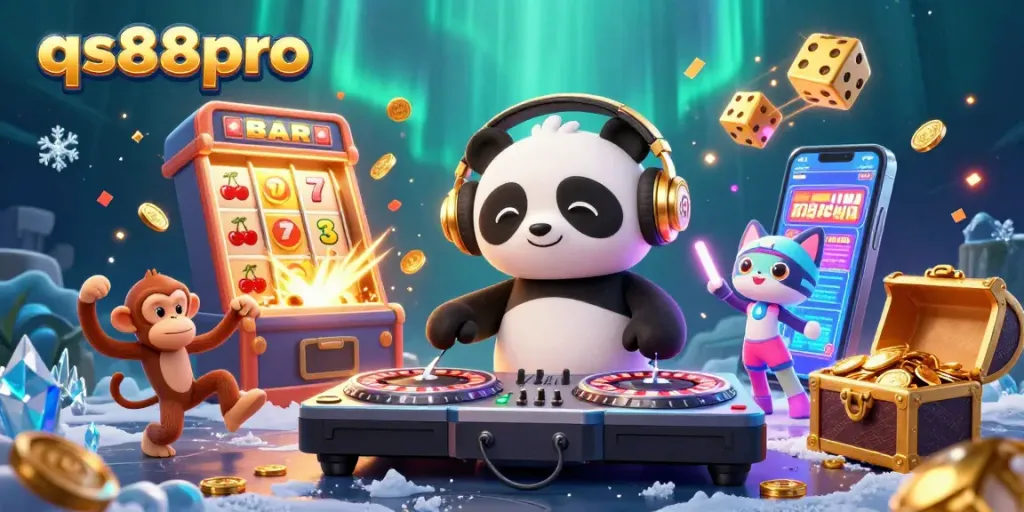 The lively scene showcases qs88pro with a DJ panda and a breakdancing monkey in a vibrant casino-themed background.