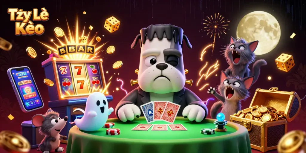 Tỷ Lệ Kèo showcases a lively gambling scene with a cartoon bulldog dealer and gaming elements.