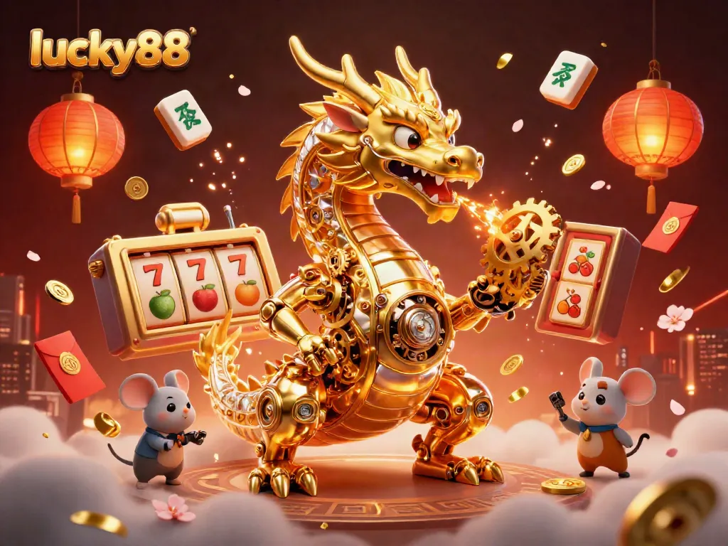 Experience luck and excitement with lucky88 in this vibrant casino-themed illustration featuring a golden dragon and slot reels.