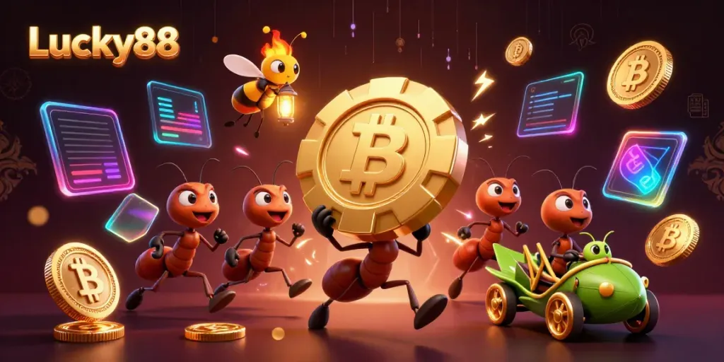 Engaging Lucky88 scene where cartoon ants carry a giant poker chip in a heist, showcasing a vibrant gambling theme.
