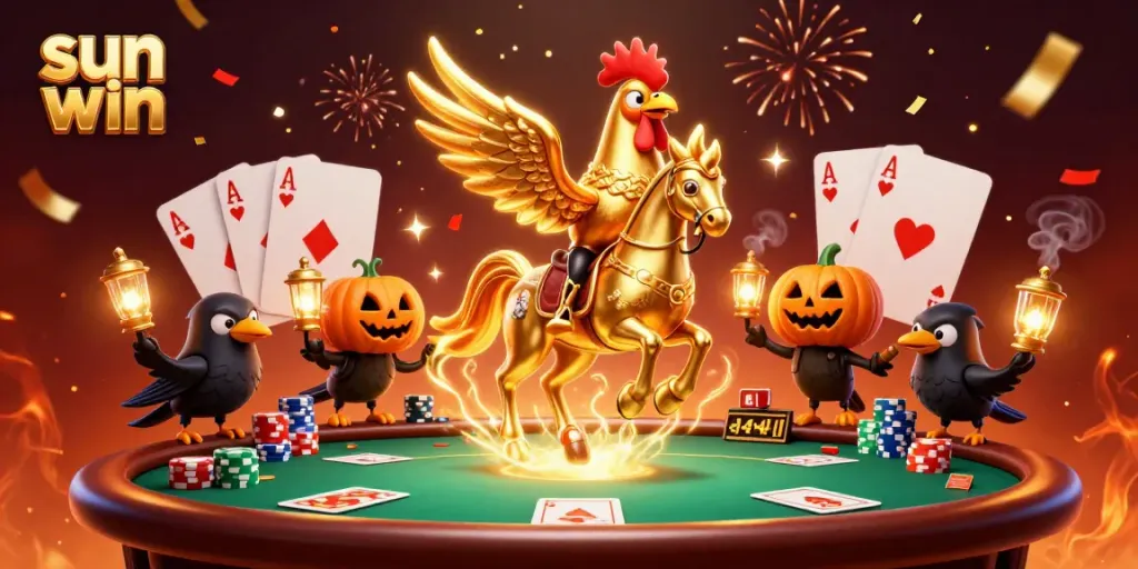 Experience the thrill with sun win at a vibrant casino, featuring a golden rooster and exciting gaming elements.