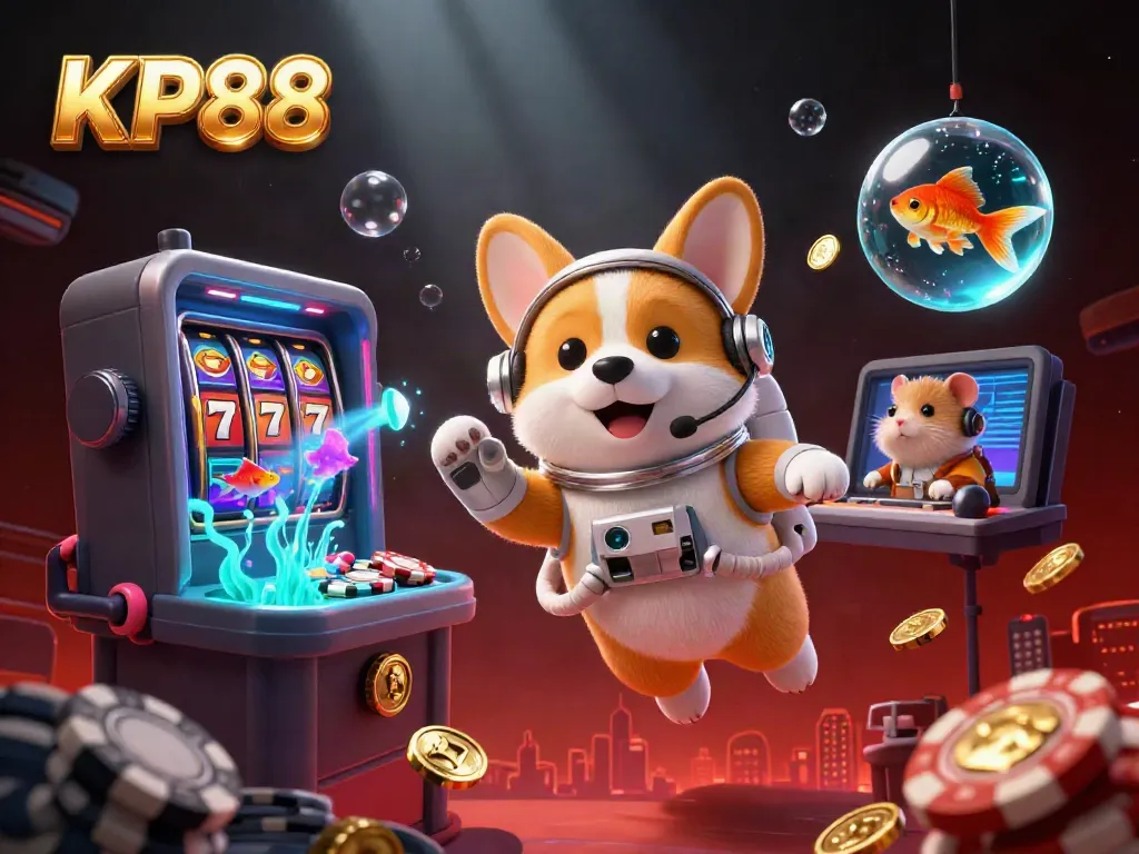 Experience the excitement of KP88 as a floating corgi astronaut plays in a vibrant casino.