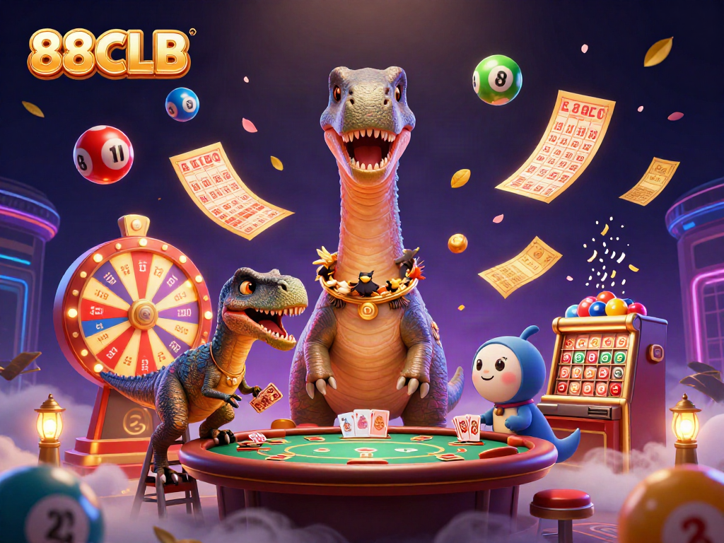 88CLB features a whimsical scene of a brontosaurus and raptor engaging in a vibrant casino atmosphere.