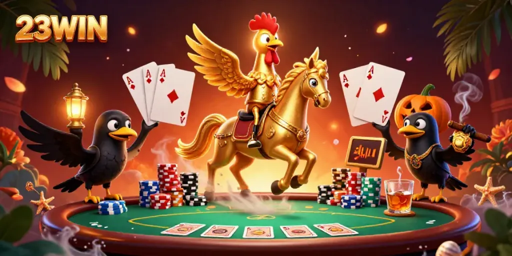 Experience thrilling gaming at 23WIN with a vibrant casino scene featuring a golden rooster.