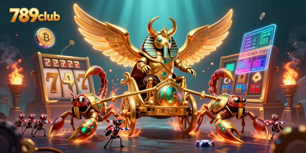 Experience the thrilling excitement of 789club with a scene showcasing a golden scarab beetle and vibrant casino elements.