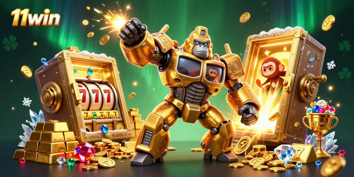 Engage with 11win's vibrant 3D depiction of a golden gorilla mech launching into a jackpot frenzy.