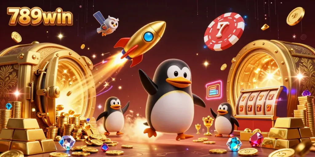 Experience excitement with 789win as the golden penguin ventures toward the vibrant casino.