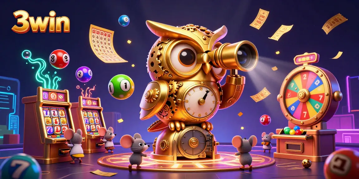 Engage in thrilling gameplay at 3win with vibrant slot reels and characters amidst a casino atmosphere.