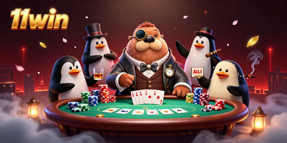 Engage in thrilling poker action at 11win with a jolly walrus, penguin dealer, and pufferfish bluffer.
