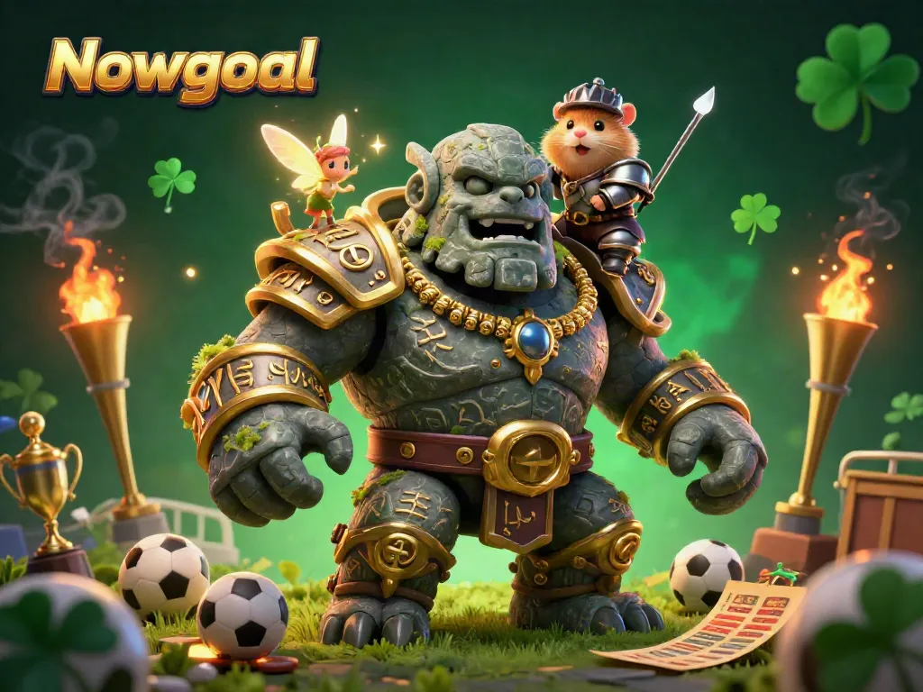 Nowgoal enhances betting excitement with a dynamic cartoon scene of a stone golem, fairy, and hamster knight amidst vibrant sports betting elements.