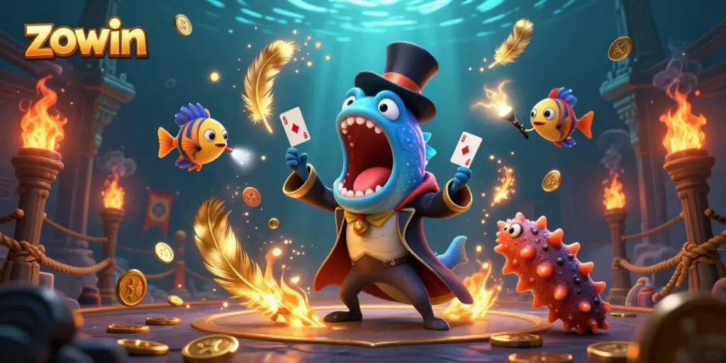 Zowin animated characters performing a magical casino act with vibrant elements, showcasing immersive gambling creativity.