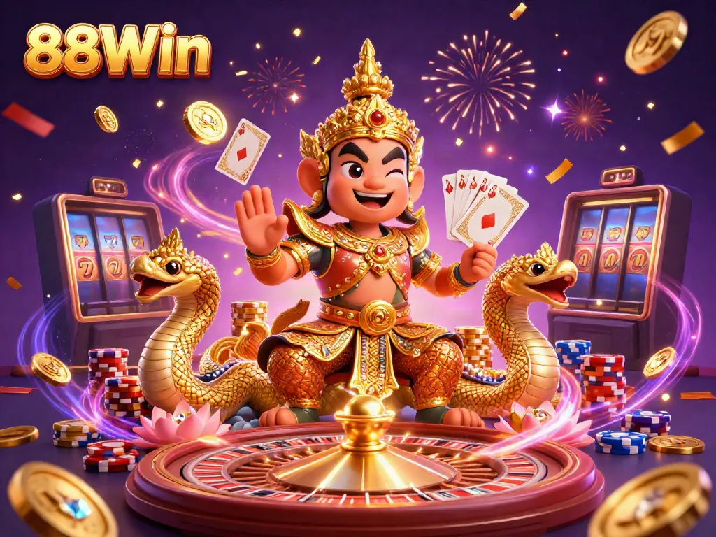 Experience the thrill of 88Win with vibrant casino action, featuring a golden guardian, roulette, and festive elements.