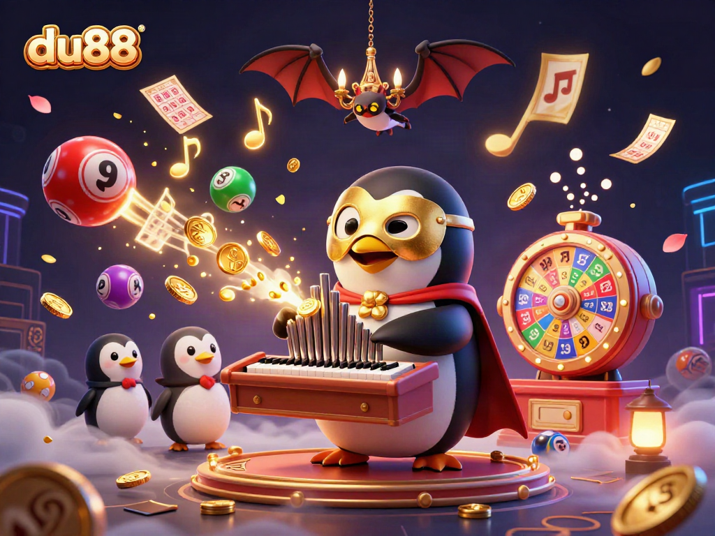 Experience du88 excitement with a cartoon penguin playing an organ amidst vibrant lottery elements.