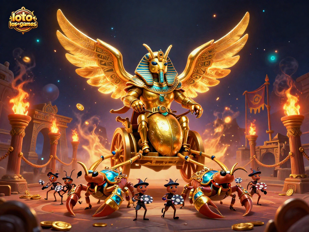 Engage with loto-games featuring a colossal scarab beetle in pharaoh armor amidst a vibrant casino setting.