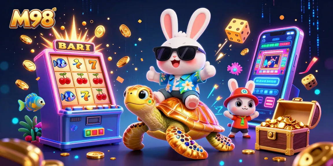 Spin and win with M98's vibrant casino scene featuring lucky rabbit and sea turtle.