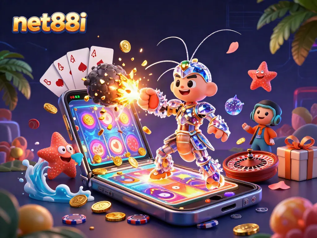 Experience thrilling gaming with net88i, featuring a galactic mantis shrimp and dynamic casino elements.