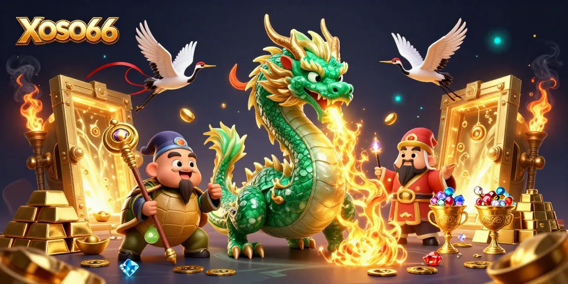 Engage with XOSO66's vibrant casino offerings through an enchanting dragon and wise turtle sage.