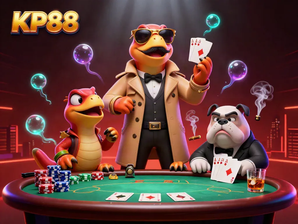 Engage in a thrilling KP88 casino scene featuring exaggerated raptors and poker elements.