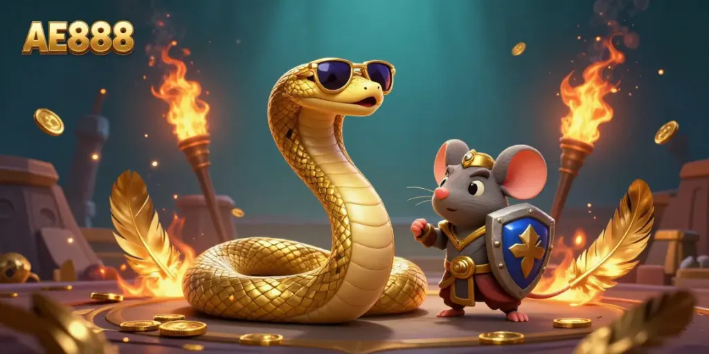 Engage with the exciting AE888 casino scene featuring Medusa and a warrior mouse in a dynamic arena.