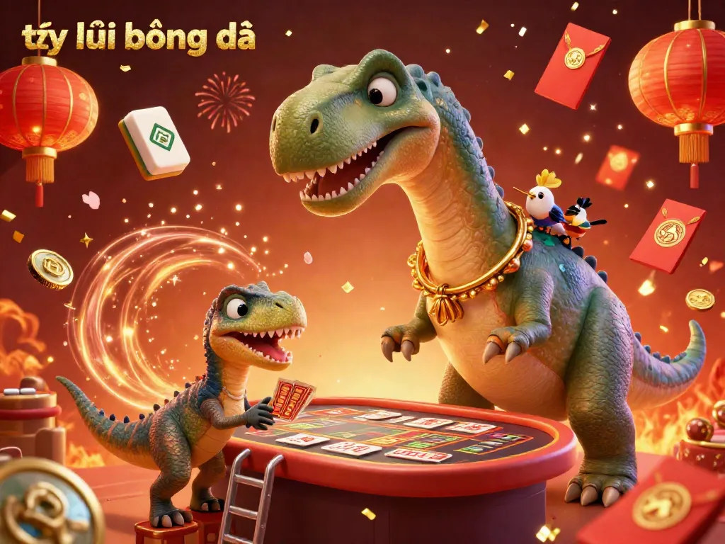 Place sports bets with the latest tỷ lệ bóng đá illustrated in a vibrant casino scene featuring a giant dinosaur and dynamic gaming elements.